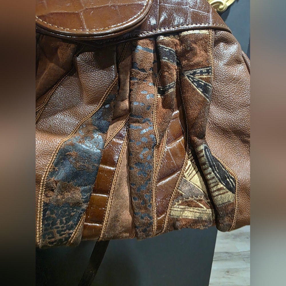 Vtg Brown Patchwork Croc Embossed Shoulder Bag 15… - image 7